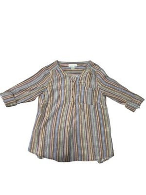 Christopher & Banks Women's Multicolor Striped Popover Tunic Blouse with 3/4 Sle