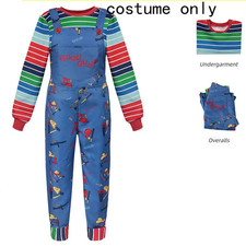 Adult Chucky Cosplay Costume with Striped Shirt and Jumpsuit for Chucky Overalls