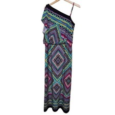 Soho Apparel Maxi Dress One Shoulder Black Multi Women Size M Stretchy Tribal