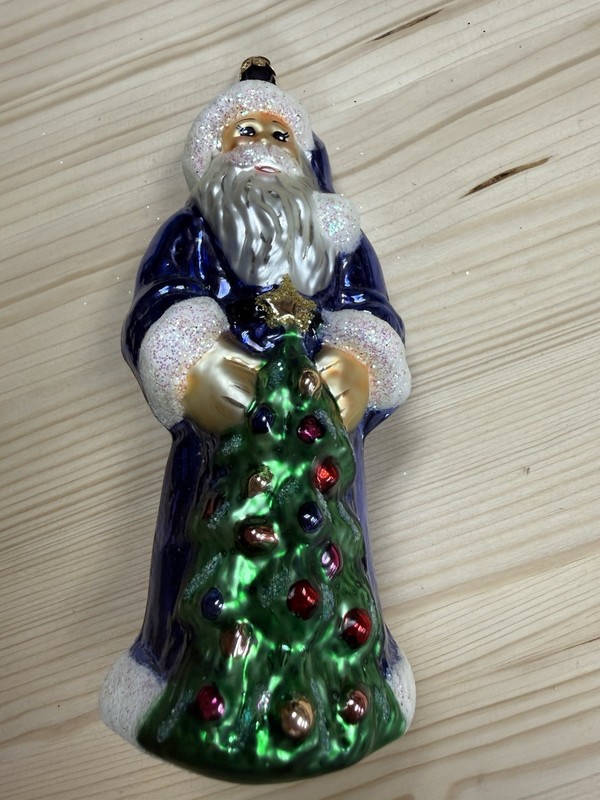 Hand Painted Glass Santa Claus Christmas Tree Ornament Blue Multicolor Glitter