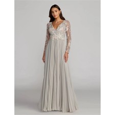 Mac Duggal 21332 Gray Long Sleeve Embroidered Chiffon A-Line Gown Size 16 NWT