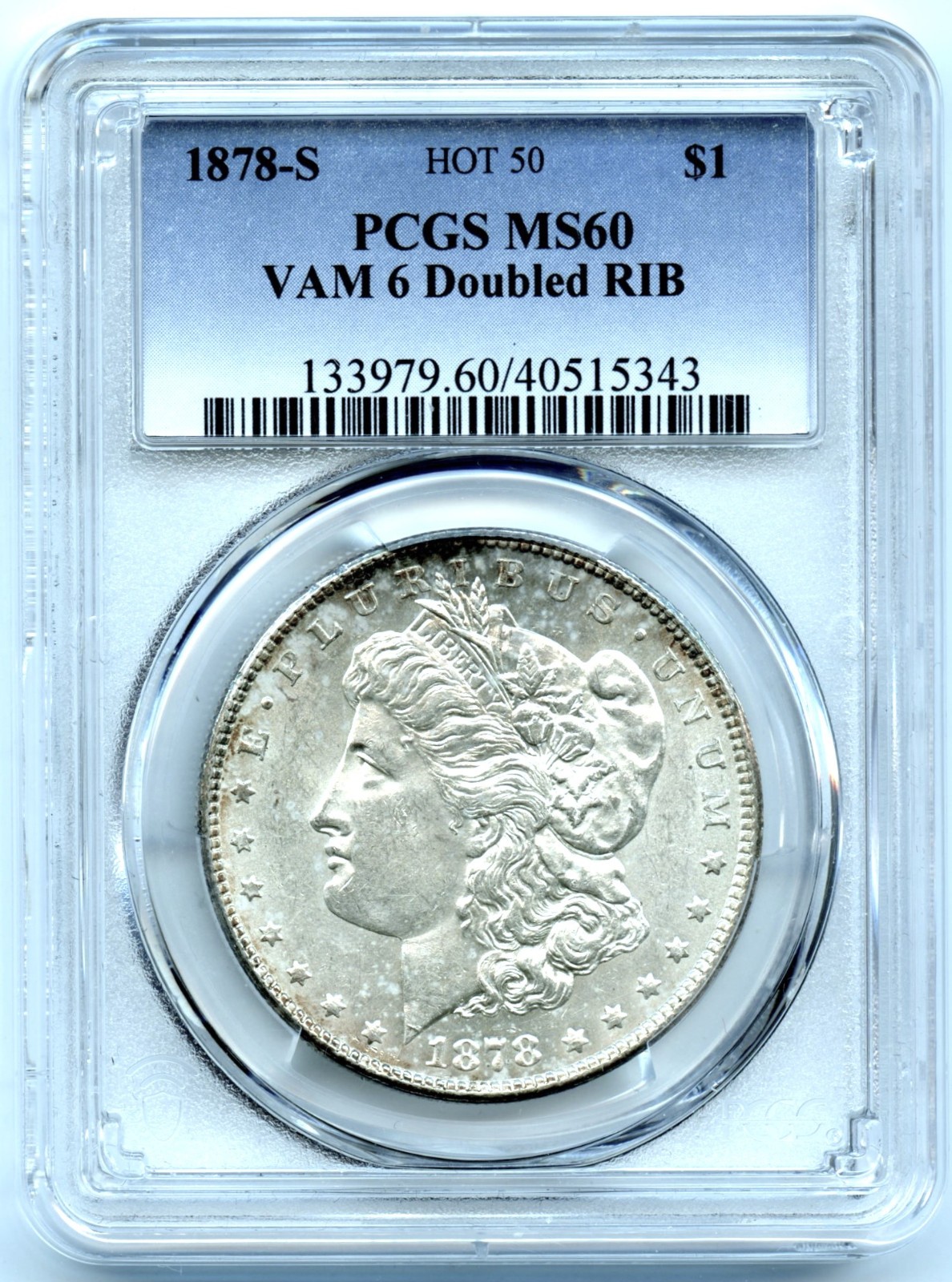 1878-S Morgan Dollar, PCGS MS60 VAM 6 Doubled RIB