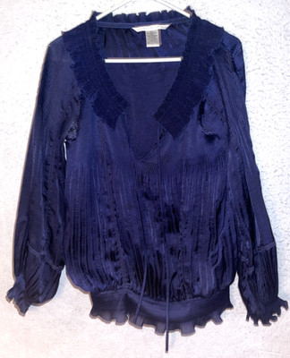 DVF Diane Von Furstenberg Navy Blue Blouse 8 top v neck Boho Pleated georgette