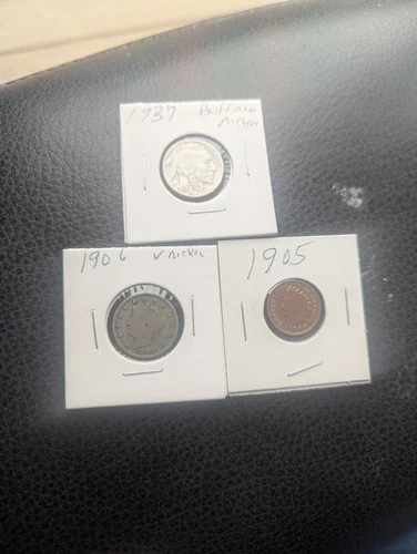 Vintage U.S Coins - 1905 Indian Cent ,1937 Buffalo Nickel, 1906 V Nickel