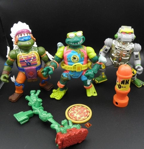 Vintage TMNT Action Figure Lot – Chief Leo, Surfer Mike, Metalhead + Accessories