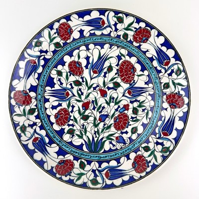Turkish Iznik 16th C Tile Ceramic Plate Handmade Turquary Tulip Garden 12.5