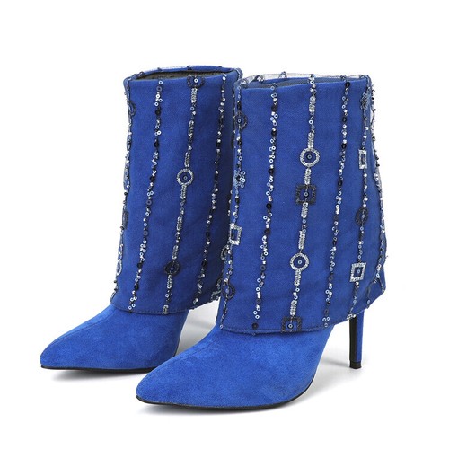 Scarpe stivaletti donna chic ecopelle scamosciata a punta paillettes polsini tacco alto - Foto 6 di 8