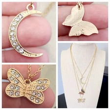 Gold Tone Trio Layered Necklace Butterfly & Cresent Moon Rhinestones
