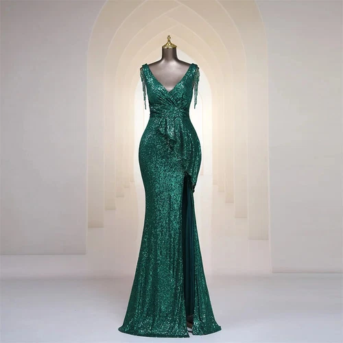 Evening Dress Tassel V Neck Ruffles High Split Women Sequin Long Prom Party Gown - Picture 10 of 30