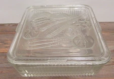 Vintage Federal Glass Clear Refrigerator Dish Box w/Embossed Vegetable Lid