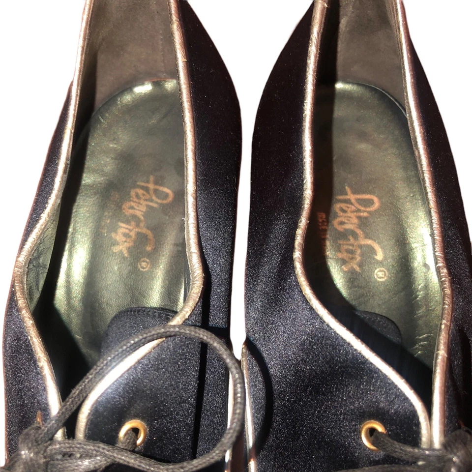 Discoteca anos 60 anos 70 vintage PETER FOX preto prata cetim sapatos plataforma tamanho 7 B - Imagem 4 de 4