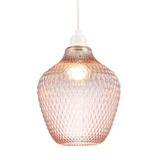 Modern Designer Soft Blush Pink Curvy Diamond Etched Glass Pendant Lamp Shade...