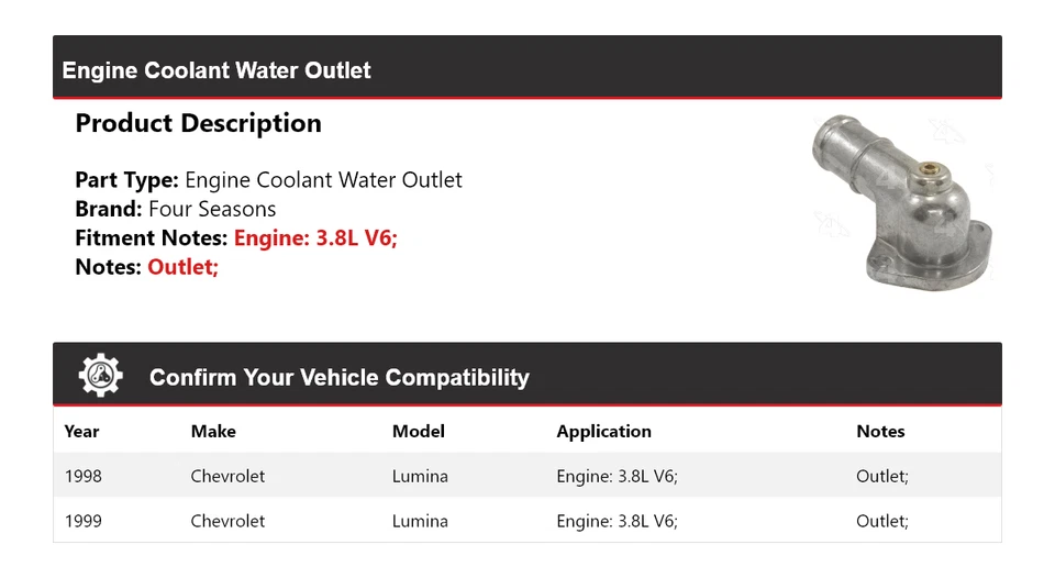 Для 1998-1999 Chevrolet Lumina 3,8 л V6 двигатель охлаждающая жидкость водяной выпуск 4 сезона - Изображение 2 из 4