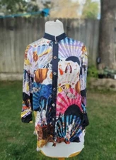 Citron Silk Stand Mandarin Collar Pop Art Asian Fan Art To Wear Blouse Size M