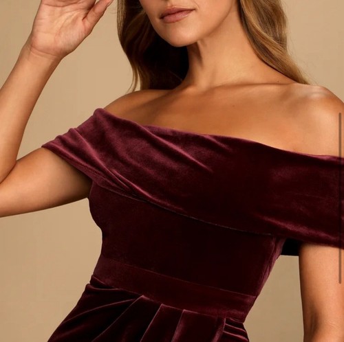 Lulus I'm Enchanted Burgundy Velvet Off-the-Shoulder Maxi Dress Large Wedding - Picture 4 of 16