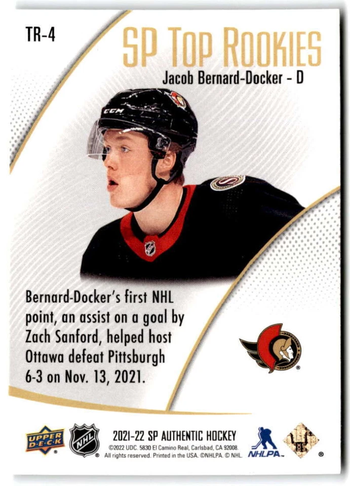 2021-22 SP Authentic Top Rookies #TR-4 Jacob Bernard-Docker  Ottawa Senators - Image 2 of 2
