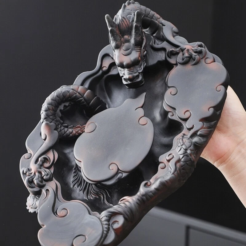 Handmade Carve Dragon Embossed Ceramic Tea Tray For Pot Cup Pottery Serving Tray - Image 2 of 4