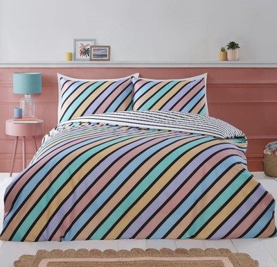 Multi Streifen Bettbezug Wende Pastell Quilt Bettwäsche Bettwäsche Set King Neu