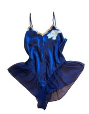 VTG Victoria Secret Gold Label Royal Blue Satin Bodysuit Sheer Ruffles Size M