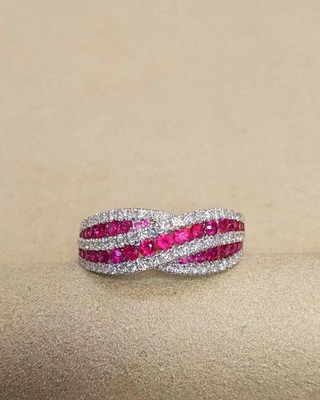 2.60 Ct Natural Ruby & Diamond 14K White Gold Engagement Eternity Band Ring