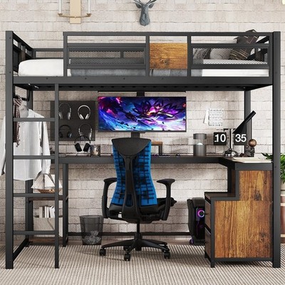 Queen Loft Bed with Desk and Storage Non-woven Fabric Drawers, Metal