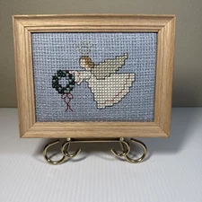 Vintage Christmas Angel W Wreath Cross Stitch Framed W Stand 6x8