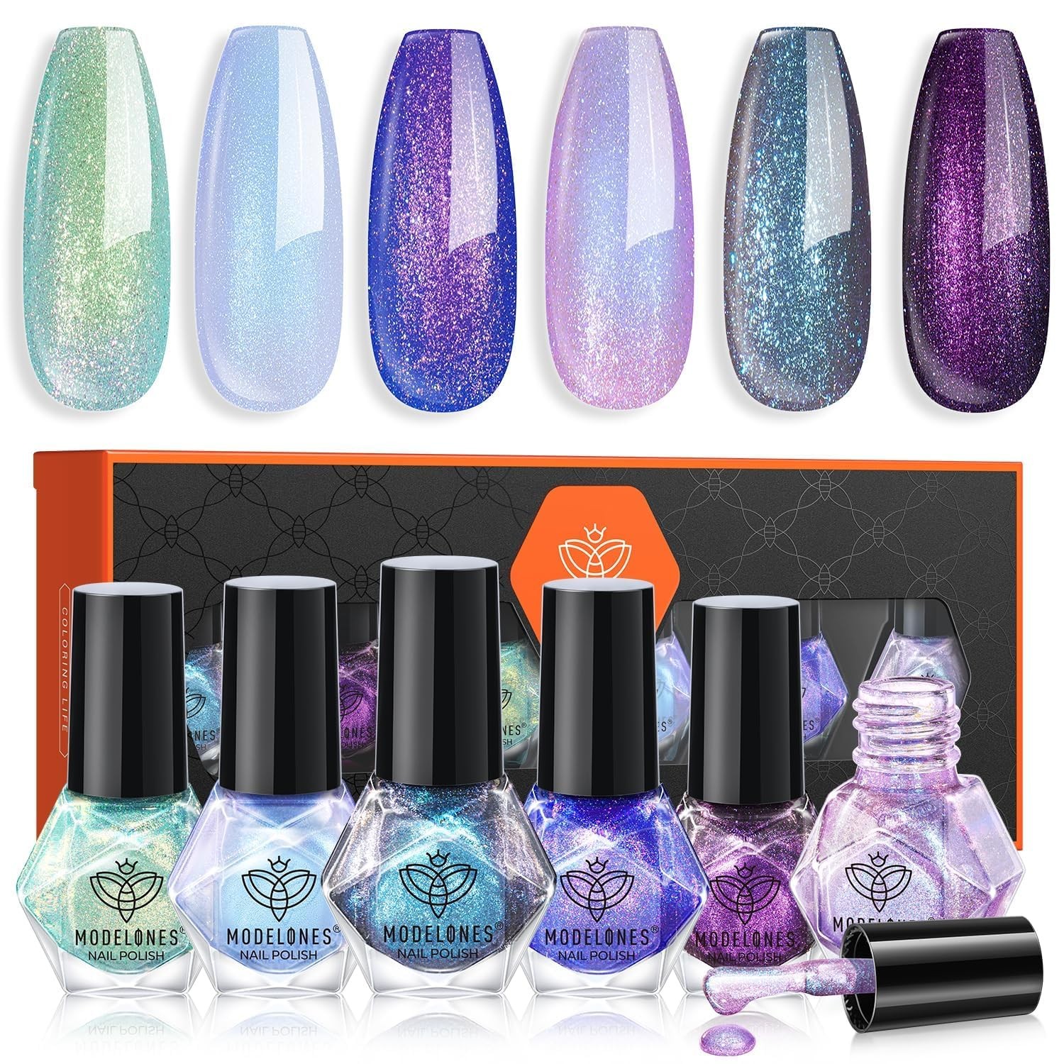 Chameleon Nail Polish Set 6 Colors, Green Glitter Pink Blue Purple Holographic