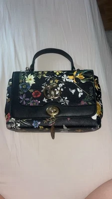 Gucci sac à main cuir noir motif floral multicolore, verrou, quincaillerie dorée - Photo 1/4