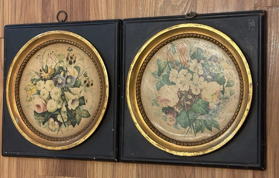 PAR DE CUADRADOS DE ARTE FLORAL VICTORIANOS COLGANTES DE PARED DE BORGHESE DE COLECCIÓN ORIGINALES 9,5 PULGADAS Foto 4 de 4