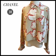 CHANEL Vintage Silk Long Sleeve Top M Beige White Red Excellent Condition