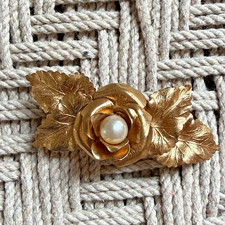 Vintage Gold Tone Rose Barrette Faux Pearl Floral Hair Clip Retro Bridal