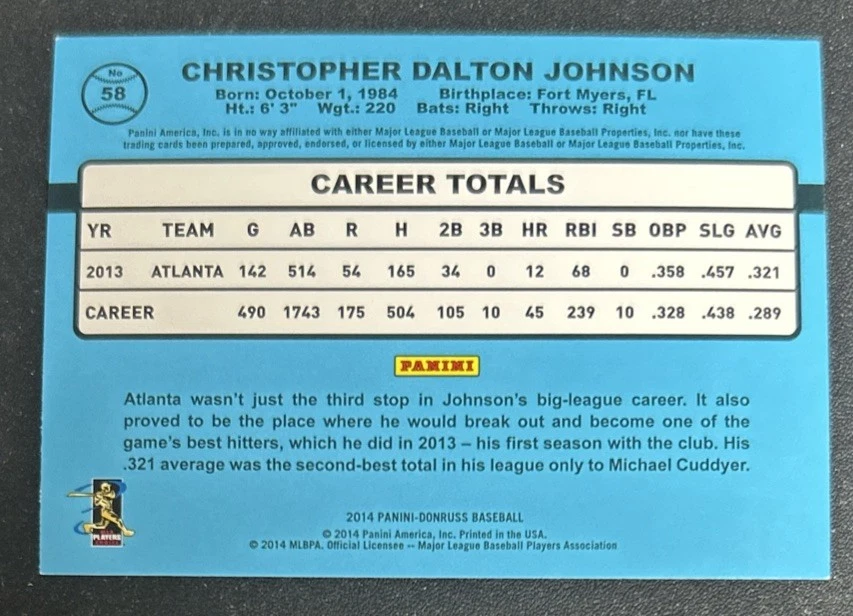 2014 Panini Donruss Chris Johnson Baseball Card #58 Braves 3B VG O/C - Image 2 of 2