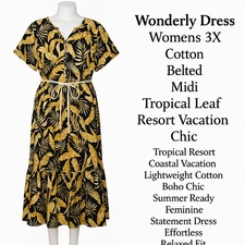 Wonderly Dress Womens 3X Cotton Belted Midi Tropical Leaf Resort Vacation Chic