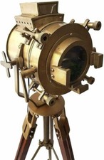 Nautical Vintage Brass Searchlight Spotlight Tripod Stand Wood Tripod Floor Lamp