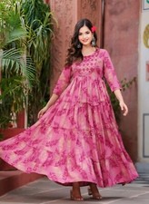 Women's Indian Anarkali Kurta; Pink Printed embroidered Anarkali Gown