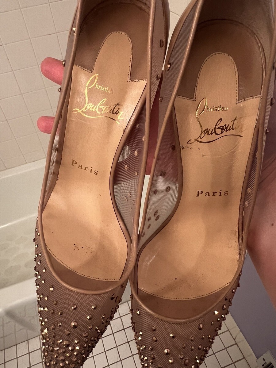 【良品】クリスチャンルブタン・FOLLIES STRASS 100・ベージュ Follies Strass 100 Version Light Silk Fabric - Women Shoes