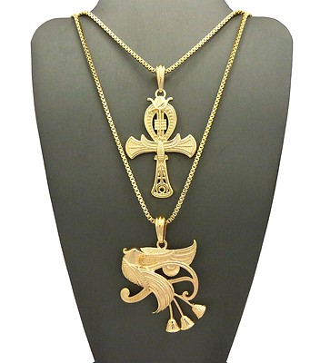 Hip Hop Egyptian Ankh Cross Eye of Heru Pendant 24'',30'' Box Chain 2 Necklace Set