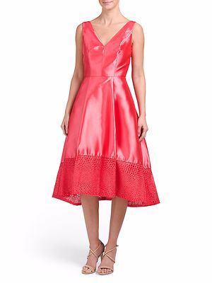 NWT ML Monique Lhuillier Mikado Melon Deep V High-Low Mesh Trim Dress 2 $698