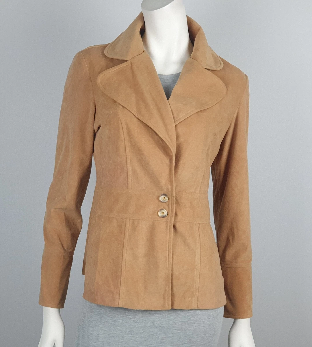 Bettina B Size 12, Long Sleeve Blazer Jacket Camel Velour Look Collared Button
