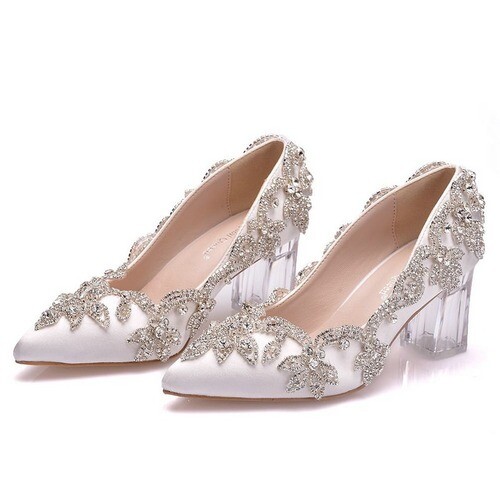 Zapatos de boda de diamantes de imitación para mujer tacones de bloque de cristal punta puntiaguda sin cordones moda - Imagen 2 de 13