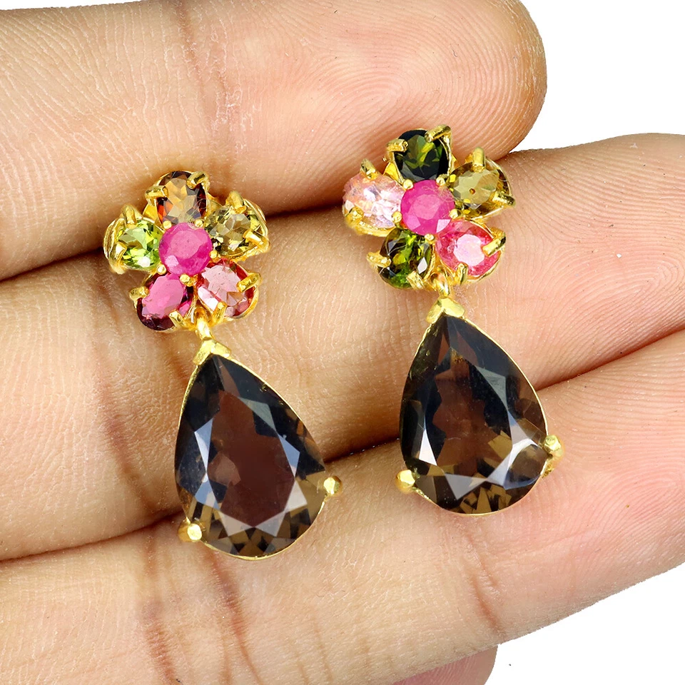 Pendientes de plata de ley 925 pera cuarzo ahumado 14x10 mm rubí turmalina piedras preciosas Foto 2 de 4