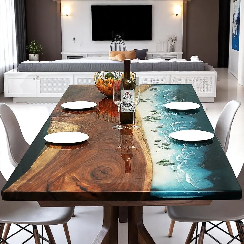 60x30 Ocean Wave Resin Epoxy Live Edge Wood Dining Table Modern Home Decor-image