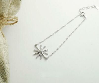 Sunshine Star Silver SP Pave Cubic Zirconia Charm Cuff Chain Bracelet B08