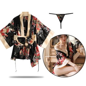 Sexy Japanese Kimono Lingerie Floral Silky Bathrobe Nightdress Costume Cosplay