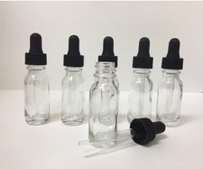 LOT OF 6 - 1/2oz CLEAR BOSTON ROUND GLASS BOTTLES WITH GLASS DROPPERS 15ml