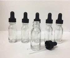 LOT OF 6 - 1/2oz CLEAR BOSTON ROUND GLASS BOTTLES WITH GLASS DROPPERS 15ml