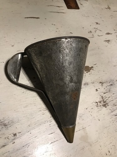 galvanized and brass funnel w handle Marked Japan Farm Automotive vtg