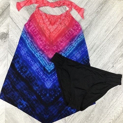 Kona Sol Womens Tankini Swimsuit Black Tie Dye Top Small Bottom Medium New