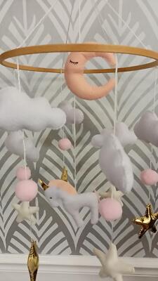 Baby Crib Mobile Unicorn Cloud Moon Stars Nursery DéCor Pink Gold White