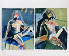 Original oil paintings on paper diptych figure painting modern contemporary art